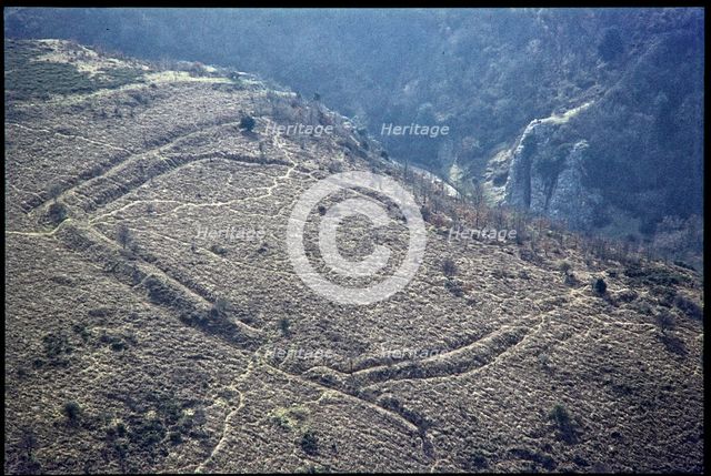 Iron Age univallate hillfort earthwork at Burrington Camp, Somerset, 1971. Creator: Jim Hancock.