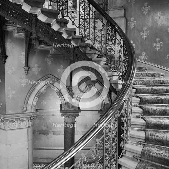 Iron balustrades of the grand staircase in the Midland Grand Hotel at St Pancras Station, 1960-1972. Creator: John Gay.