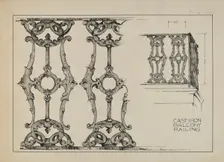 Iron Balcony Railing, c. 1936. Creator: Arelia Arbo