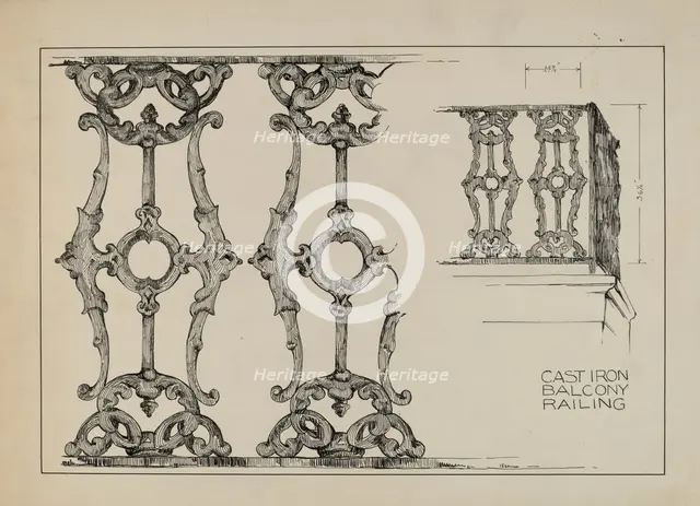 Iron Balcony Railing, c. 1936. Creator: Arelia Arbo.