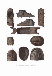 Iron boots and helmet. From the Antiquities of the Russian State, 1849-1853. Creator: Solntsev, Fyodor Grigoryevich (1801-1892)