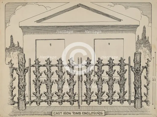 Iron Fence around Tomb, c. 1936. Creator: Thomas Byrne.
