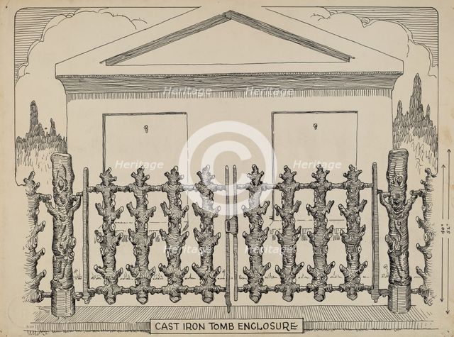 Iron Fence around Tomb, c. 1936. Creator: Thomas Byrne.