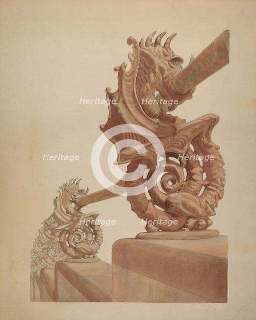 Iron Fence - Sea Horse Design, c. 1936. Creator: Carl Hobby.
