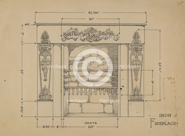 Iron Fireplace, c. 1936. Creator: Thomas Byrne.