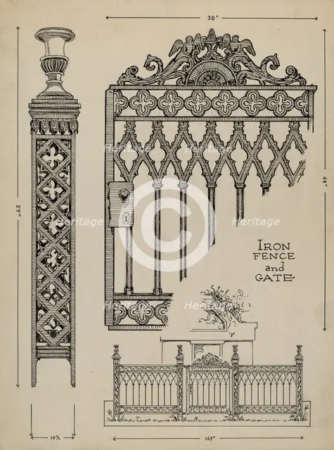 Iron Gate and Fence, c. 1936. Creator: Thomas Byrne.