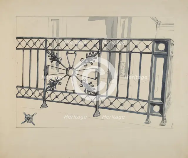 Iron Gate and Fence, c. 1936. Creator: Arelia Arbo.