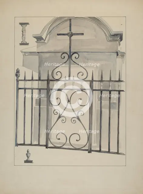 Iron Gate and Fence, c. 1936. Creator: Arelia Arbo.