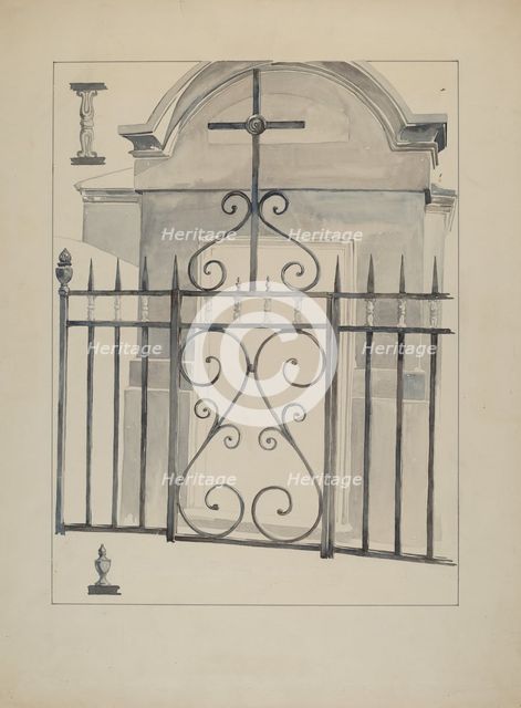 Iron Gate and Fence, c. 1936. Creator: Arelia Arbo.