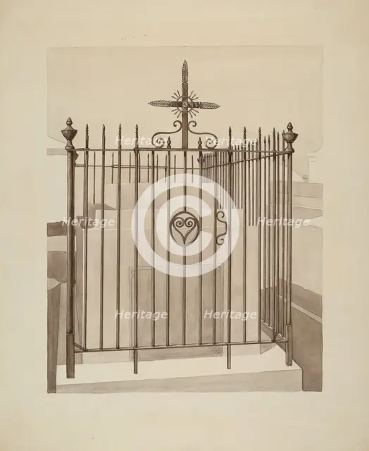 Iron Gate and Fence, c. 1936. Creator: Arelia Arbo.