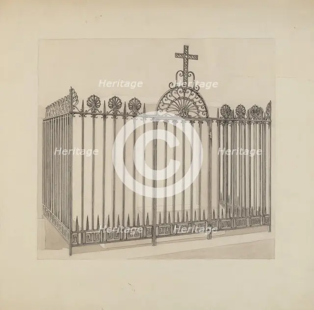 Iron Gate and Fence, c. 1936. Creator: Arelia Arbo.