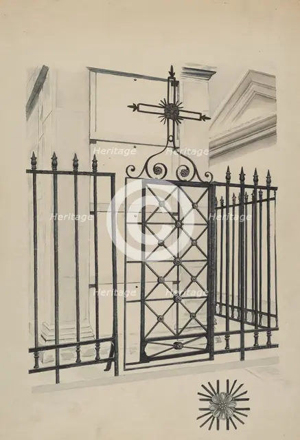 Iron Gate and Fence, c. 1936. Creator: Ray Price.