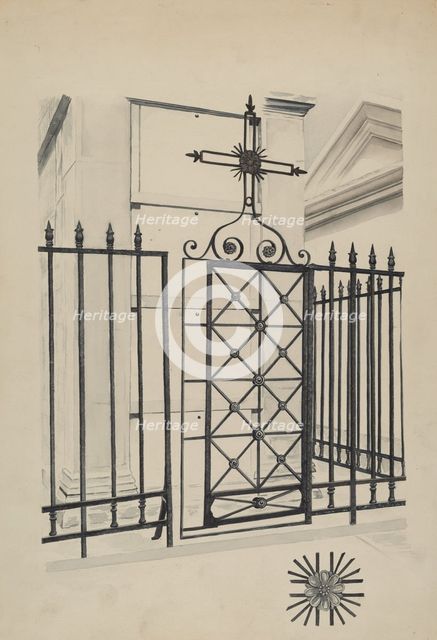 Iron Gate and Fence, c. 1936. Creator: Ray Price.