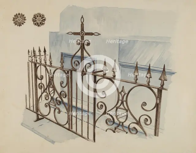 Iron Gate and Fence, c. 1936. Creator: Ray Price.