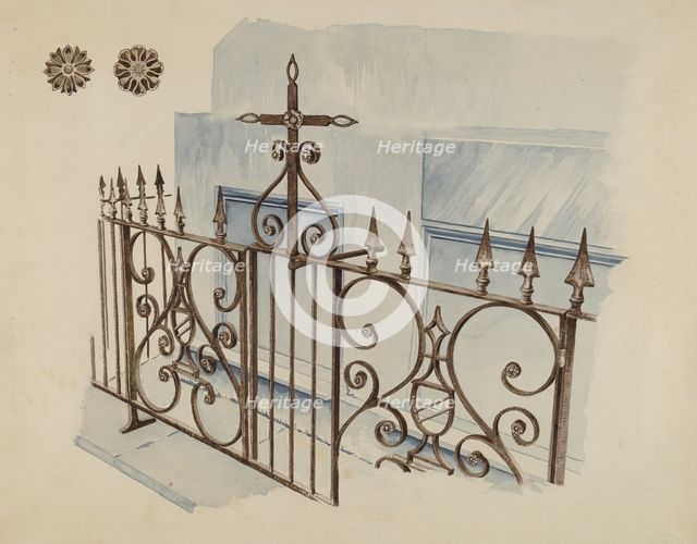 Iron Gate and Fence, c. 1936. Creator: Ray Price.