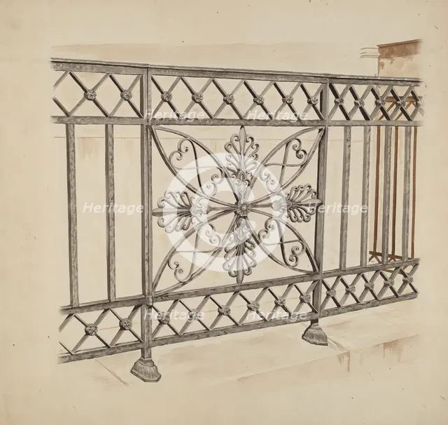 Iron Gate and Fence, c. 1936. Creator: Ray Price.