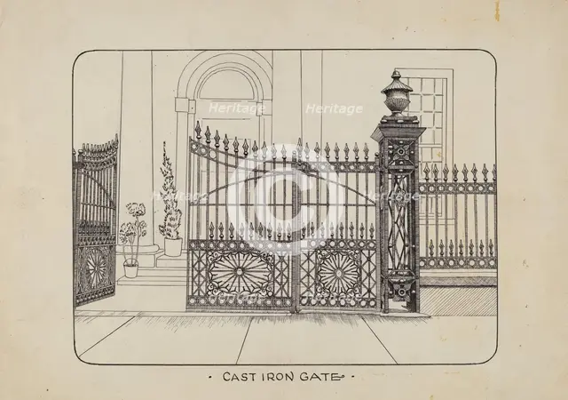 Iron Gate and Fence, c. 1936. Creator: Ray Price.