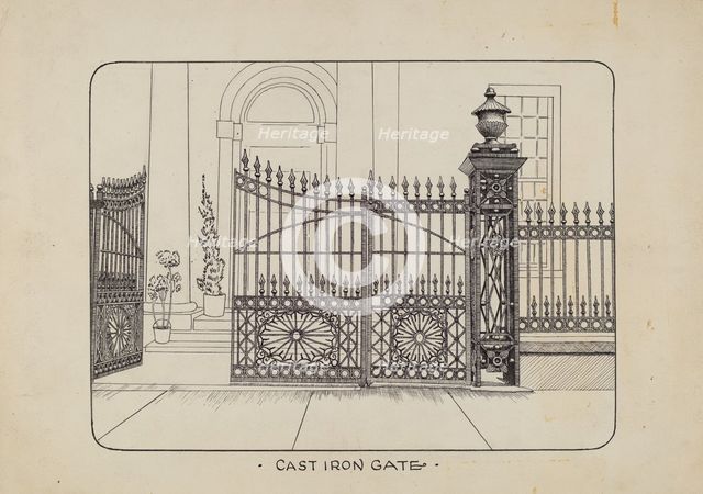 Iron Gate and Fence, c. 1936. Creator: Ray Price.