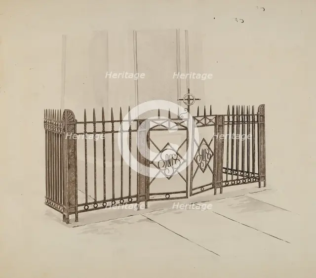 Iron Gate and Fence, c. 1937. Creator: Ray Price.