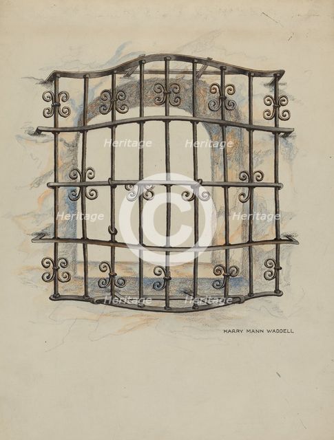 Iron Grille at Window: Restoration Drawing, c. 1936. Creator: Harry Mann Waddell.