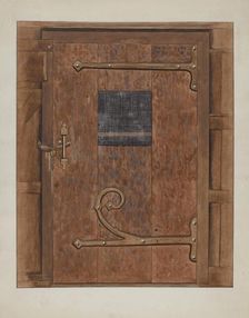 Iron Hinges on Door, c. 1936. Creator: Bertha Semple