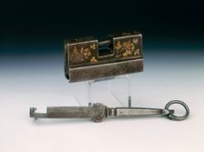 Iron lock and key with incised and gilded floral decoration, Tibet, 18th century or earlier
