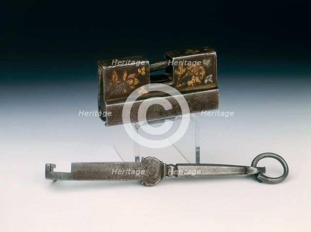 Iron lock and key with incised and gilded floral decoration, Tibet, 18th century or earlier. Artist: Unknown