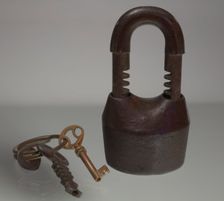 Iron lock and set of keys owned by members of the Ellis family, late 19th-early 20th century. Creator: Unknown