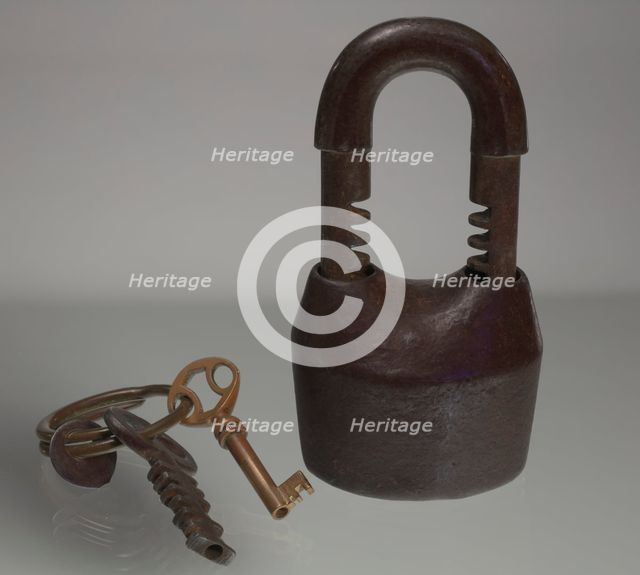 Iron lock and set of keys owned by members of the Ellis family, late 19th-early 20th century. Creator: Unknown.