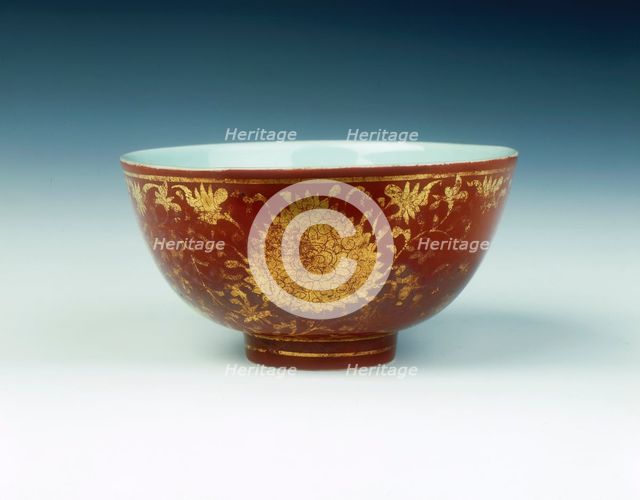 Iron red kinrande bowl with gilt floral design, Ming dynasty, China, mid 16th century. Creator: Unknown.