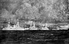 Ironclads of all nations in the Bay of Kiel during a thunderstorm, 1895. Creator: George Meisenbach
