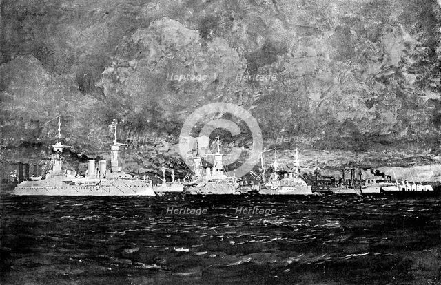 Ironclads of all nations in the Bay of Kiel during a thunderstorm, 1895. Creator: George Meisenbach.