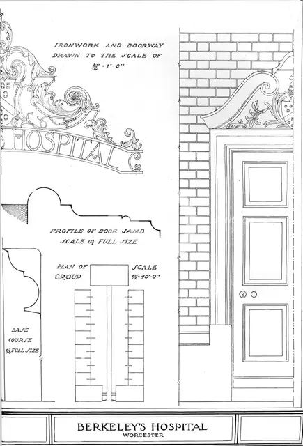 Ironwork and doorway, Berkeley's Hospital, Worcester, Worcestershire, 1924.  Artist: Unknown.