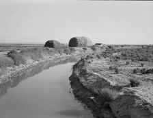 Irrigation canal and the preacher's farm, Dead Ox Flat, Malheur County, Oregon, 1939. Creator: Dorothea Lange