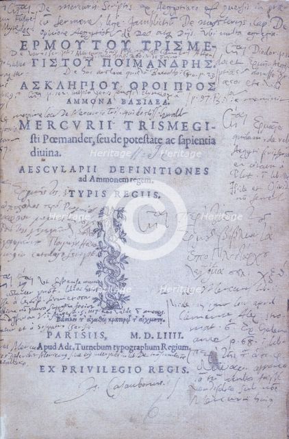Isaac Casaubon's copy of the Hermetic texts, 1554. Creator: Unknown.