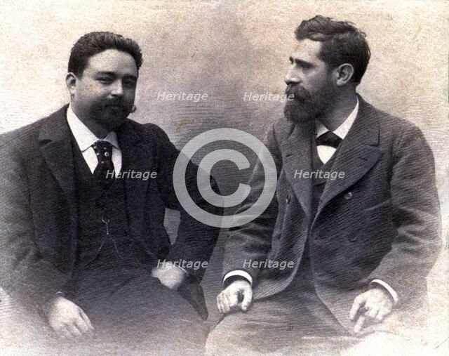 Isaac Albéniz (1860-1909) and Tomás Bretón (1850-1923), Spanish composers, around 1896.