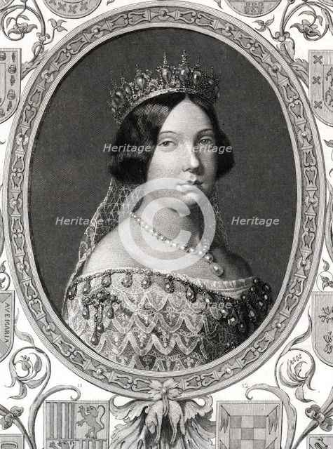 Isabella II (1830-1904), Queen of Spain, surrounded by the arms of the first nobility.