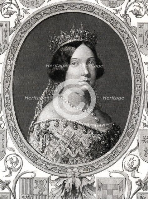 Isabella II (1830-1904), Queen of Spain, surrounded by the arms of the first nobility.