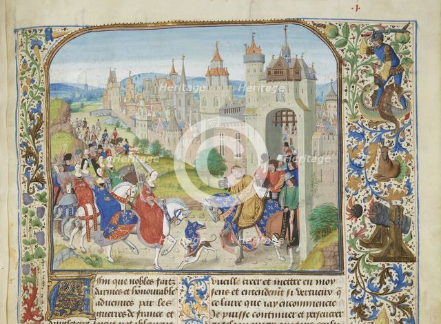Isabella of France welcomed by her brother Charles IV to Paris, ca 1470-1475. Creator: Liédet, Loyset (1420-1479).
