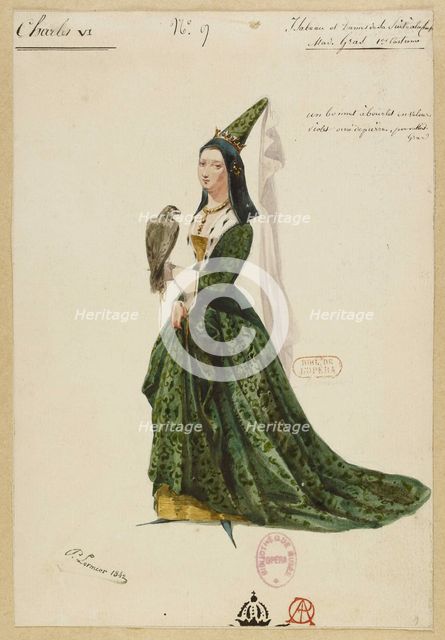 Isabelle de Bavière. Costume design for the opera Charles VI by Fromental Halévy, 1843. Creator: Lormier, Paul (1813-1895).