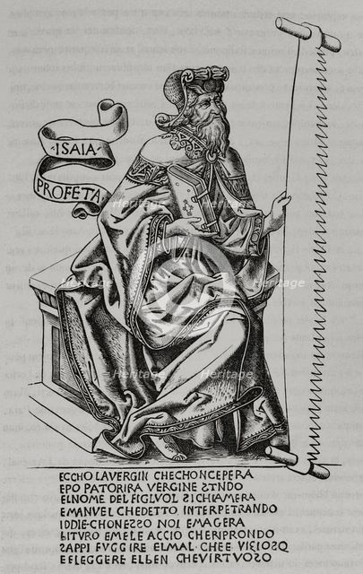Isaiah, holding a saw in his hand, the instrument with which he was tortured, 15th century, (1877). Creator: Unknown.