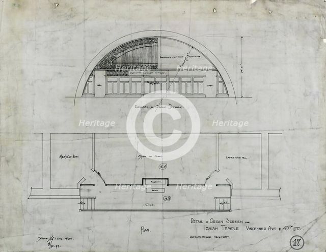 Isaiah Temple, Chicago, Illinois, Organ Screen Plan and Elevation, 08/10/1898. Creator: Dankmar Adler.