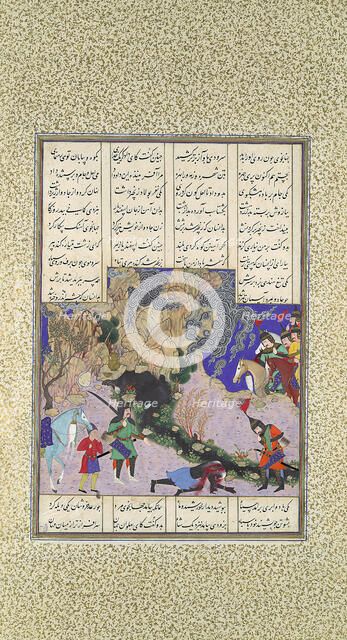 Isfandiyar's Fourth Course: He Slays a Sorceress, Folio 435v from the Shahnama..., ca. 1525-30. Creator: Qasim ibn 'Ali.