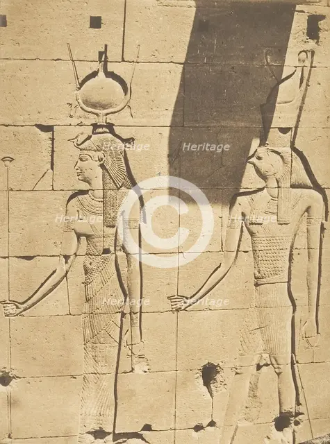 Isis et Horus-Arsiési - Bas-relief du Temple de Kalabcheh (Talmis), April 8, 1850. Creator: Maxime du Camp.