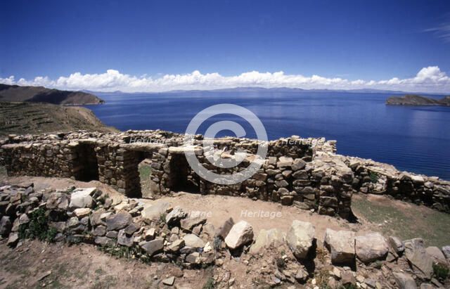 Isla del Sol, detail of the Incan temple with Lake Titicaca in background.