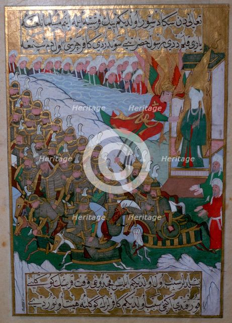 Islamic illustration of the Archangel Gabriel helping the armies of Muhammed. Artist: Unknown