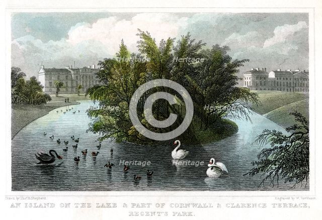Island on the lake and Part of Cornwall and Clarence Terraces, Regent's Park, London, 1828.Artist: William Tombleson