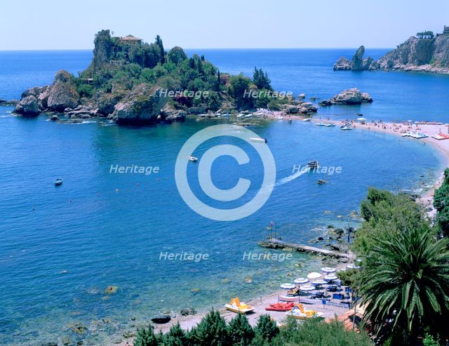Isola Bella and beach, Taormina, Sicily, Italy. Creator: Peter Thompson.