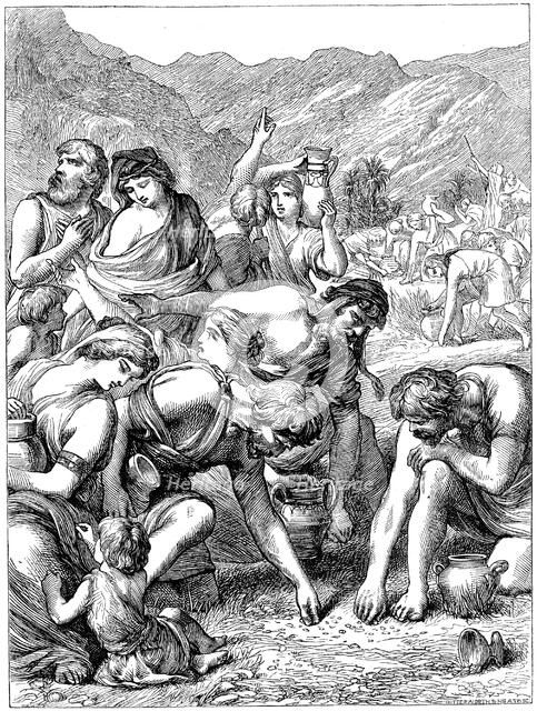 Israelites in the wilderness collecting the manna that fell from Heaven, 1869. Artist: Unknown