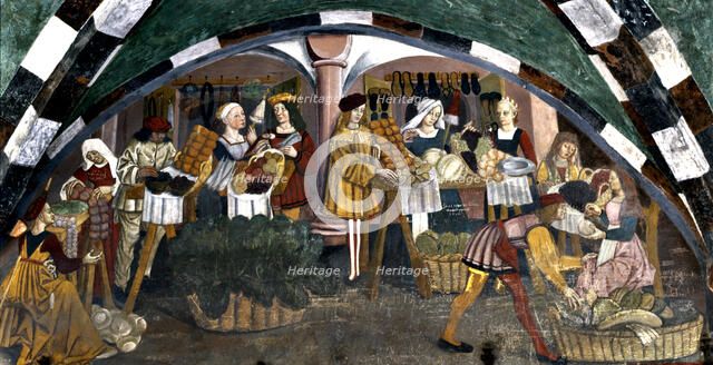 Issogne Castle, frescoes hall, market scenes.